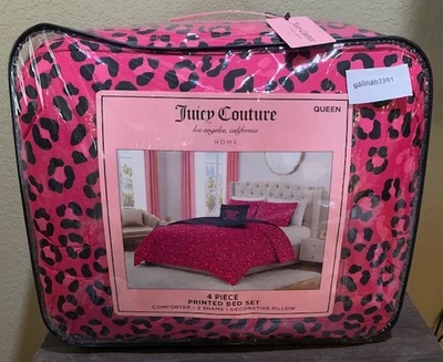 Juicy Couture Hot Pink/Black Leopard Print QUEEN 4pc Set Comforter,Shams,Pillow - Image 1 of 4