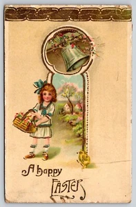 Postcard A Happy Easter Girl With Picnic Basket Easter Greetings Gold Accents - Picture 1 of 2