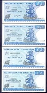 Zimbabwe  2 Dollars 1980, 1983, 1994 Type A, B  P 1a,b,c,d   UNC - Picture 1 of 2
