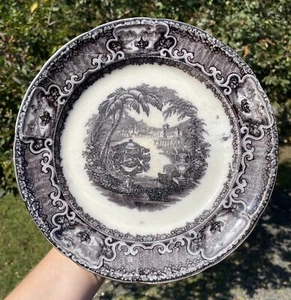 Antique 19th C. Podmore Walker Black Mulberry Transfer 'Washinton Vase' Plate - Picture 1 of 19