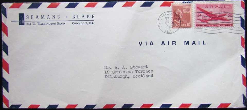 1947, 10 CENT PREXY AND 5 CENT AIR MAIL STAMP ON  AIR MAIL COVER TO SCOTLAND - Image 1 of 4