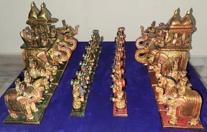 Vintage Collectible Hand Painted Real Gold Leaf Work Solid Camel Bone Chess Set - Picture 1 of 13