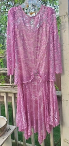 Abito donna vintage JC Penney anni 80 rosa pizzo sovrapposizione orlo svasato fazzoletto MOB - Foto 1 di 15