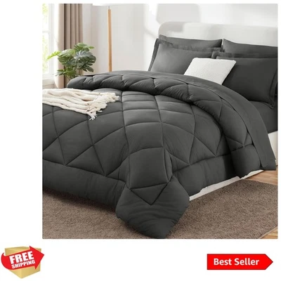 Conjunto de edredom queen 7 peças – microfibra cinza escuro macio para todas as estações - Imagem 1 de 4