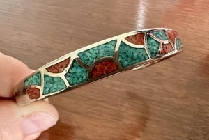 Silver Tone Turquoise Red Coral Inlay Cuff Bracelet - Picture 1 of 3