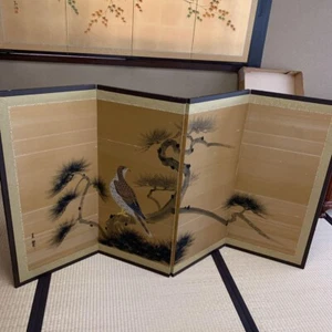 Japanese Byobu Folding Screen Crane & Hawk Pine Bamboo Plum Zen Room Decor FS - Picture 1 of 9