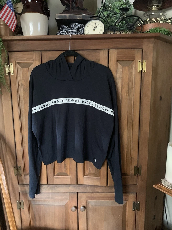 Under Armour Womens Logo Taped Cropped Hoodie Black/white