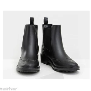 New Women Waterproof Pull On Rain Boots Shoes Low Heel Ankle Flat Wellies Black - Picture 1 of 4