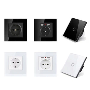 Glass Panel Touch Light Switch 220V EU Plug Wall Socket Outlet USB Charging Port - Picture 1 of 28