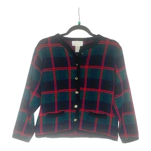 Vintage Tally-Ho Plaid Cardigan Preppy Academia Retro Xmas Sweater Size Small - Picture 1 of 10