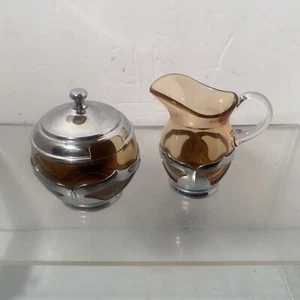 Vintage Farber Bros KROME KRAFT Amber Glass Creamer & Sugar w/ Lid - Picture 1 of 11