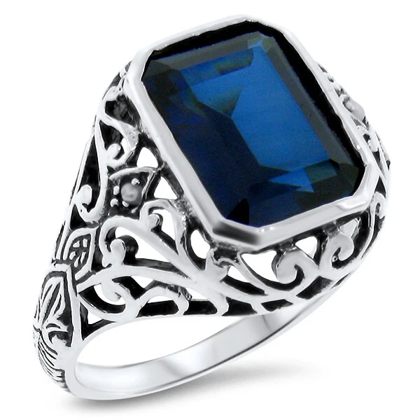 ANTIQUE STYLE 925 STERLING SILVER 5 Ct LAB-CREATED SAPPHIRE & PEARL RING    375z - Image 1 of 1