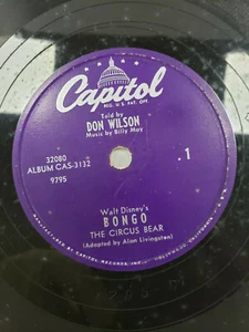 Record 78 RPM Walt Disney"s Bongo the Circus Bear Don Wilson Billy May - Imagen 1 de 4