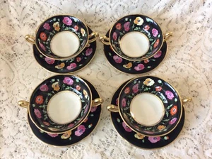 Rare ROYAL DOULTON POPPY Set (4) Double Handled Cream Soup Bowls w/ Saucers - Picture 1 of 10