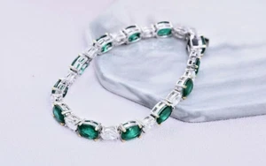 8Ct Oval Lab-Created Emerald Diamond Tennis 7.5in Bracelet 14K White Gold Plated - Picture 1 of 11