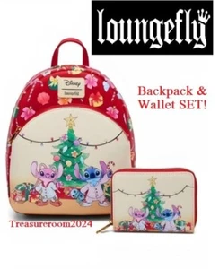 LOUNGEFLY Stitch & Angel Christmas Tree Mini Backpack & Wallet Set NEW! - Picture 1 of 10