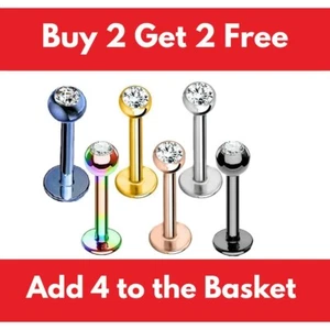 Labret Bars Tragus Bar Nose Stud Monroe Lip Ear Cartilage Helix Piercing CZ Gem - Picture 1 of 19