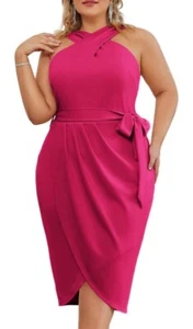 Dresses for Curvy Women Halterneck Sleeveless Wrap Front Ruched Bodycon Dress  - Picture 1 of 6