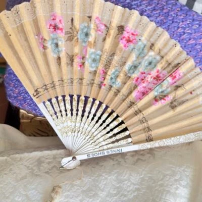 Vintage Floral Wooden Paper Advertising Ines Shoes Hand Fan Fold Up 1940s Japan  - Image 1 of 4