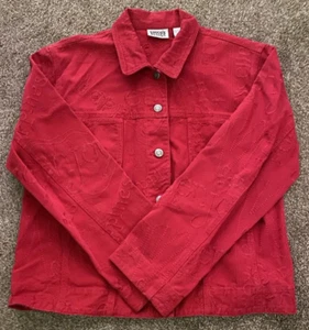 Chico’s Design Red Embroidered Jacket Button Up Blazer Cotton Size 1 Sz Medium - Picture 1 of 5