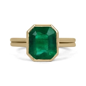 3.20 Carat AAA Muzo Colombian Emerald Double Shank Solitaire Bezel Ring 18K - Picture 1 of 10