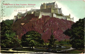 Castle Rock & Ross Fountain, Edinburgh Postcard 1906 From Armstrong Hotel - Picture 1 of 2