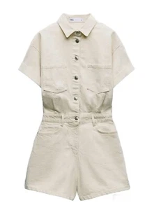 ZARA Denim COTTON Short Lapel Jumpsuit Romper Oyster/Ivory Small, Pockets Button - Picture 1 of 8