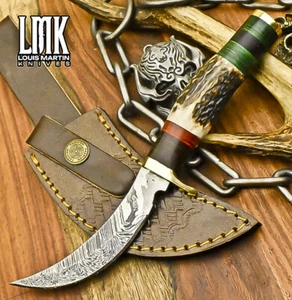 LMK Custom Hunting Skinner Knife Fire Damascus Stag Antler Brass Guard EDC - Picture 1 of 9