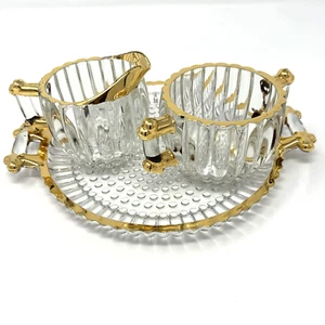 Vintage Jeanette Glass Co. Gold Trim Glass Set Tray with Sugar Bowl and Creamer - Picture 1 of 24