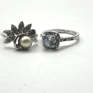 AVON Cocktail Ring Faux Pearl Rhinestone and Silver Tone Halo Lot of 2 - Picture 1 of 10