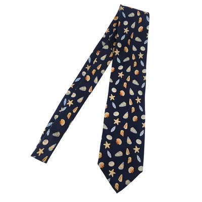 J. Crew 海军蓝海贝壳印花 100% 真丝领带 美国海滩沿海制造 — 第 1/4 张图片