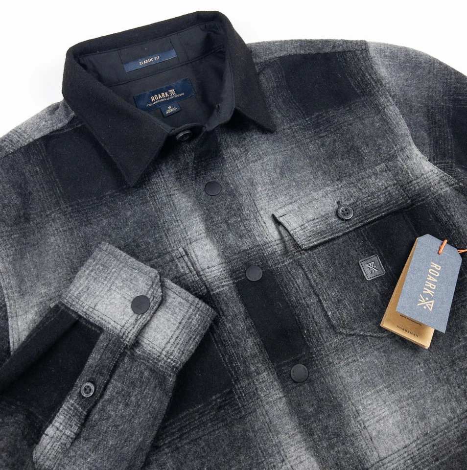 Roark Nordsman Flannel Shirt Mens Small Classic Fit Snap Front Shacket Wool Gray