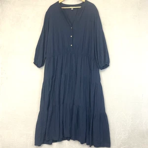 Falls Creek Linen Blend Maxi Dress Womens 3X Navy Blue Tiered Cottagecore Trad - Picture 1 of 14