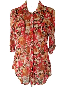 Blusa Top Eden and Olivia Damas Talla M Roja Floral Botón Pestaña Enrollable Manga 3733 - Imagen 1 de 5