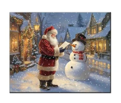 Papá Noel con muñeco de nieve decoración de Navidad, impresión giclée, decoración de arte de pared vintage Foto 1 de 4