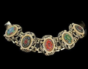 Vintage ZIERLICHES "MAROKKANISCHE MATRIX" MOSAIK GLAS CABOCHON GLIEDERARMBAND - Samenperlen - Bild 1 von 7