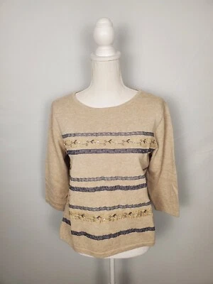 Suéter de algodón tostado Liz Claiborne cintas bordadas con cuentas para mujer talla mediana. Foto 1 de 4