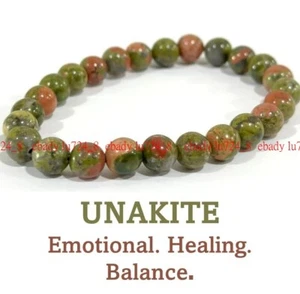 Unakite Beaded Crystal Stone Healing Bracelet 8mm Beads Chakra Green Stone 7.5" - Picture 1 of 12