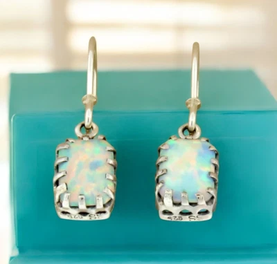 ANTIQUE STYLE 925 SOLID STERLING SILVER LAB-CREATED WHITE OPAL EARRINGS     #669 - Image 1 of 2