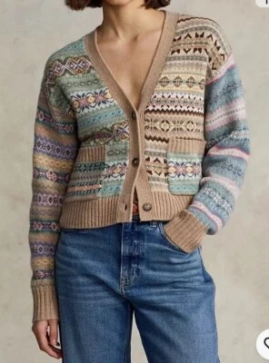 54 Polo Ralph Lauren Fair Isle Cárdigan Patchwork Suéter M Funciona Pequeño Usado en Excelente Condición Foto 1 de 4