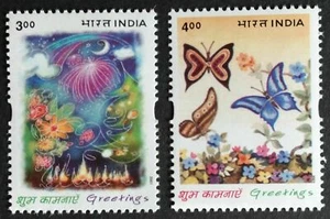 INDIEN 2001 Grüße Blumen Schmetterlinge Feuerwerk Natur Schmetterling 2v Set - Picture 1 of 2
