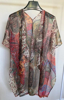 Women's sheer KIMONO multi-colored paisley open front short sleeve Large to XXXL - Image 1 of 4