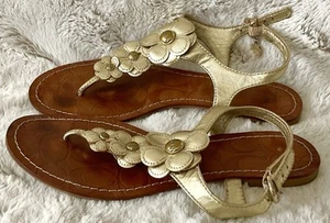 Coach Sandals Womens 8 Gold A8514 Omega Metallic Thong Flowers - Picture 1 of 16