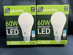 NEW Greenlite LED 60W A19 Med Base Household Bulbs | Two 4 Packs | 8 Bulbs Total - Picture 1 of 4