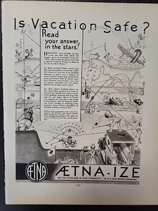 1930 Aetna Versicherung Urlaub humorvolle Cartoon Glück Zeitschrift Druckanzeige Sepia - Bild 1 von 3