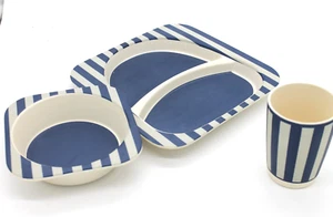 childs hard plastic plate bowl and tumbler dish set blue white stripe - Picture 1 of 5