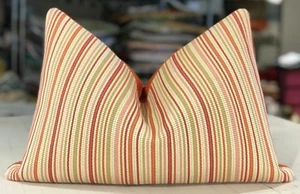 ONE COWTAN & TOUT MELON "BRIGHTON" WOVEN CANDY STRIPE CUSTOM LUMBAR PILLOW - Picture 1 of 2