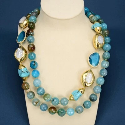 Ágata facetada azul chapado en oro azul turquesa cultivada blanco perla Keshi circonita cúbica Foto 1 de 4