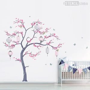 Cherry Blossom Tree Stencil Set with Lanterns.Japanese wall mural Stencils 10672 - Picture 1 of 9