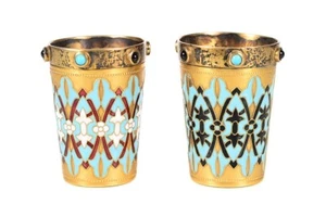 Par de vasos antiguos rusos de plata dorada y esmaltada - firmados - Imagen 1 de 9